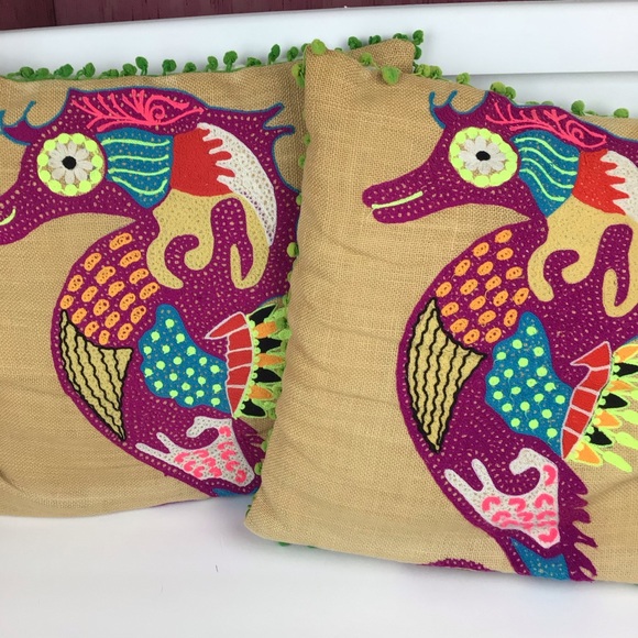 Other - Tropical bright embroidered seahorse pillow covers/burlap with Pom fring-2pc set